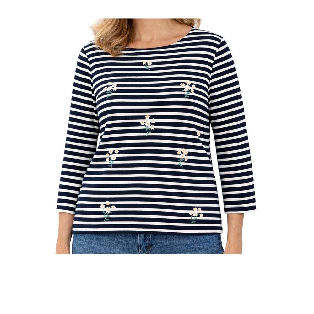 Talbots Top Womens Size 3XP Blue White Stripe Embroidered Daisies Cotton NWT